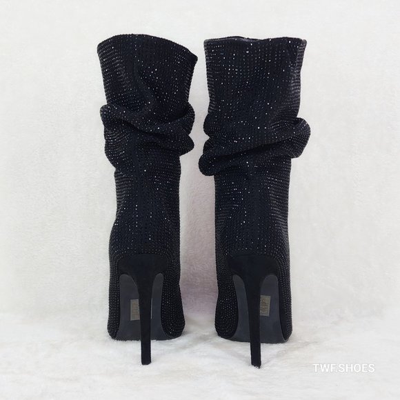Resolve Sparkling Black Rhinestone High Heel Slouch Calf Boots New Years Bling - Picture 9 of 14